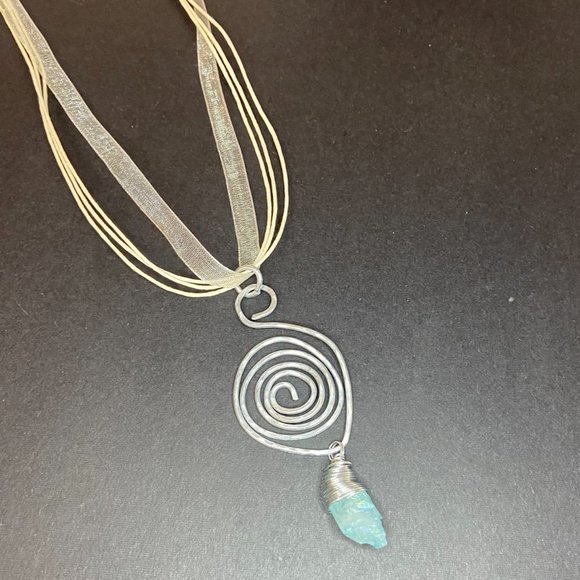 Hammered Stainless Steel Wire Pendant w/ Wrapped Blue Dyed Quartz Stone - Picture 9 of 12